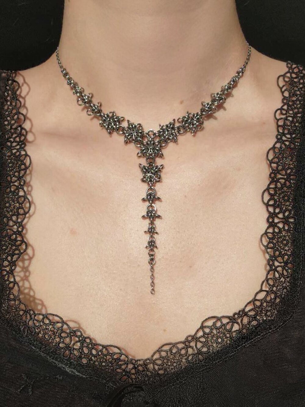 Gothic chainmail silver rosary necklace with a small silver chain
